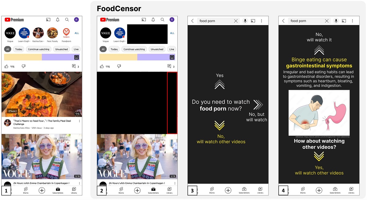 그림 1. 본 시스템의 안드로이드 스마트폰 유튜브 앱에서의 실시간 음식 콘텐츠 검열 및 개입 예시